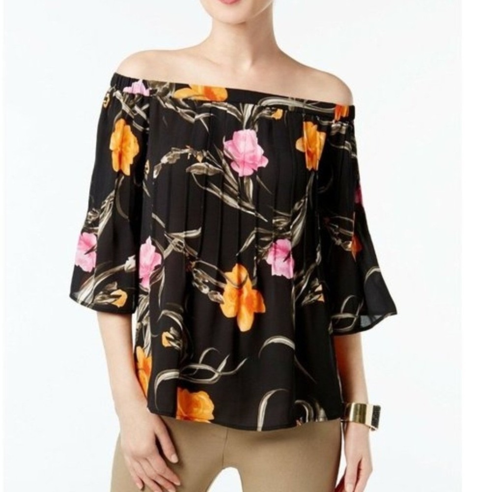 INC Blouse 3X Womens Black Floral Off The Shoulder Pleated Bell Sleeve Chiffon